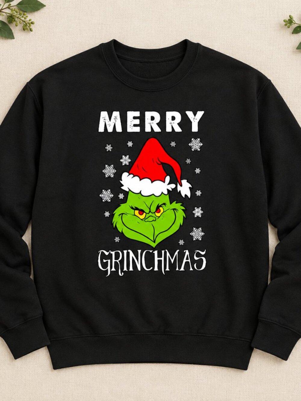 Merry Christmas Sweatshirt Grumpy Green Face Santa Hat Holiday Crewneck